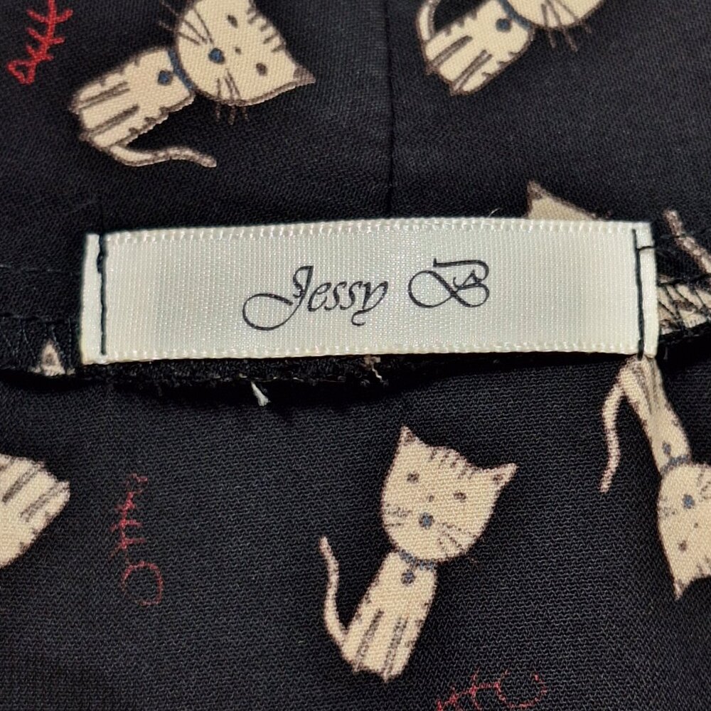 Jessie B Cat Print Tie-Neck Blouse XL Black Cream Retro Office Casual Top - Picture 9 of 16